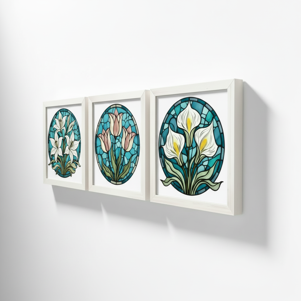 Lot de 3 Cadres 3D Vitrail Floral - Style Art Nouveau