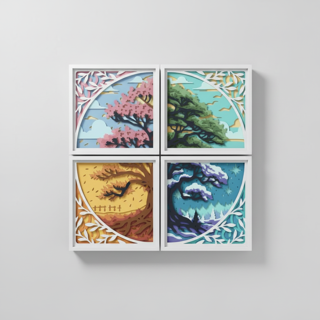 Lot 4 Cadres 3D Les 4 Saisons - Cycle de la Nature en Relief
