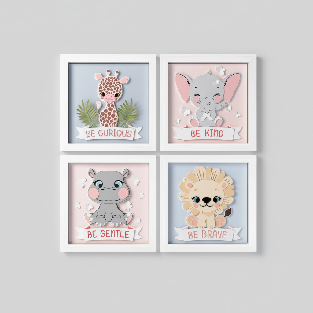 Lot 4 Cadres 3D Chambre Bébé Safari - Animaux Motivants pour Enfant