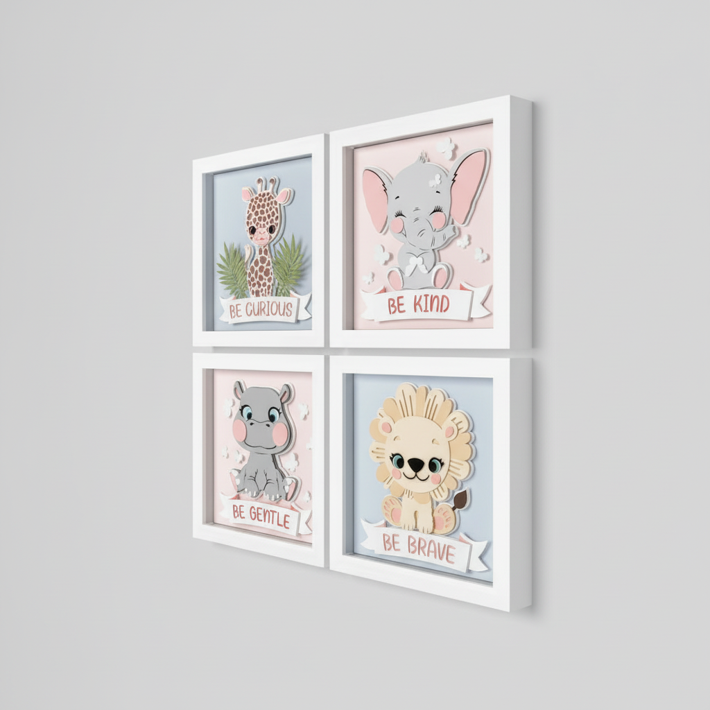 Lot 4 Cadres 3D Chambre Bébé Safari - Animaux Motivants pour Enfant