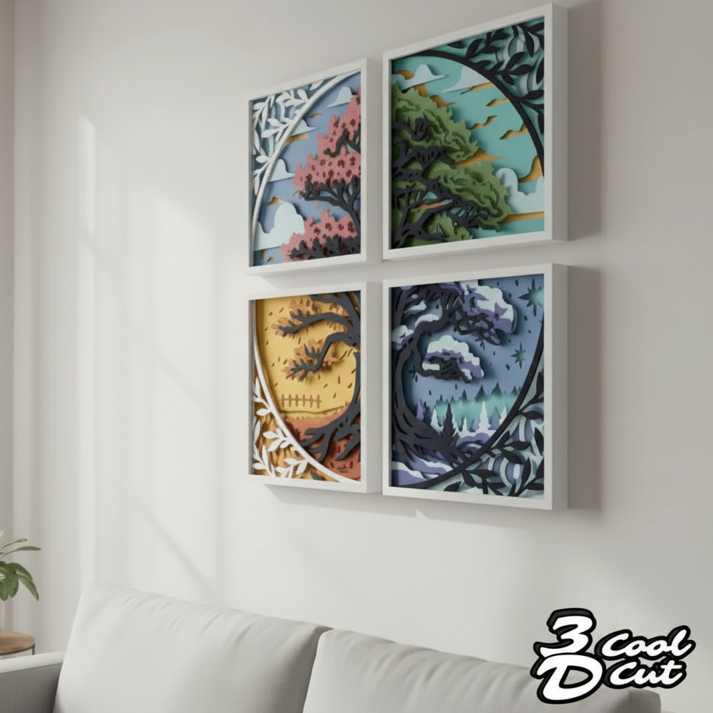 Lot 4 Cadres 3D Les 4 Saisons - Cycle de la Nature en Relief